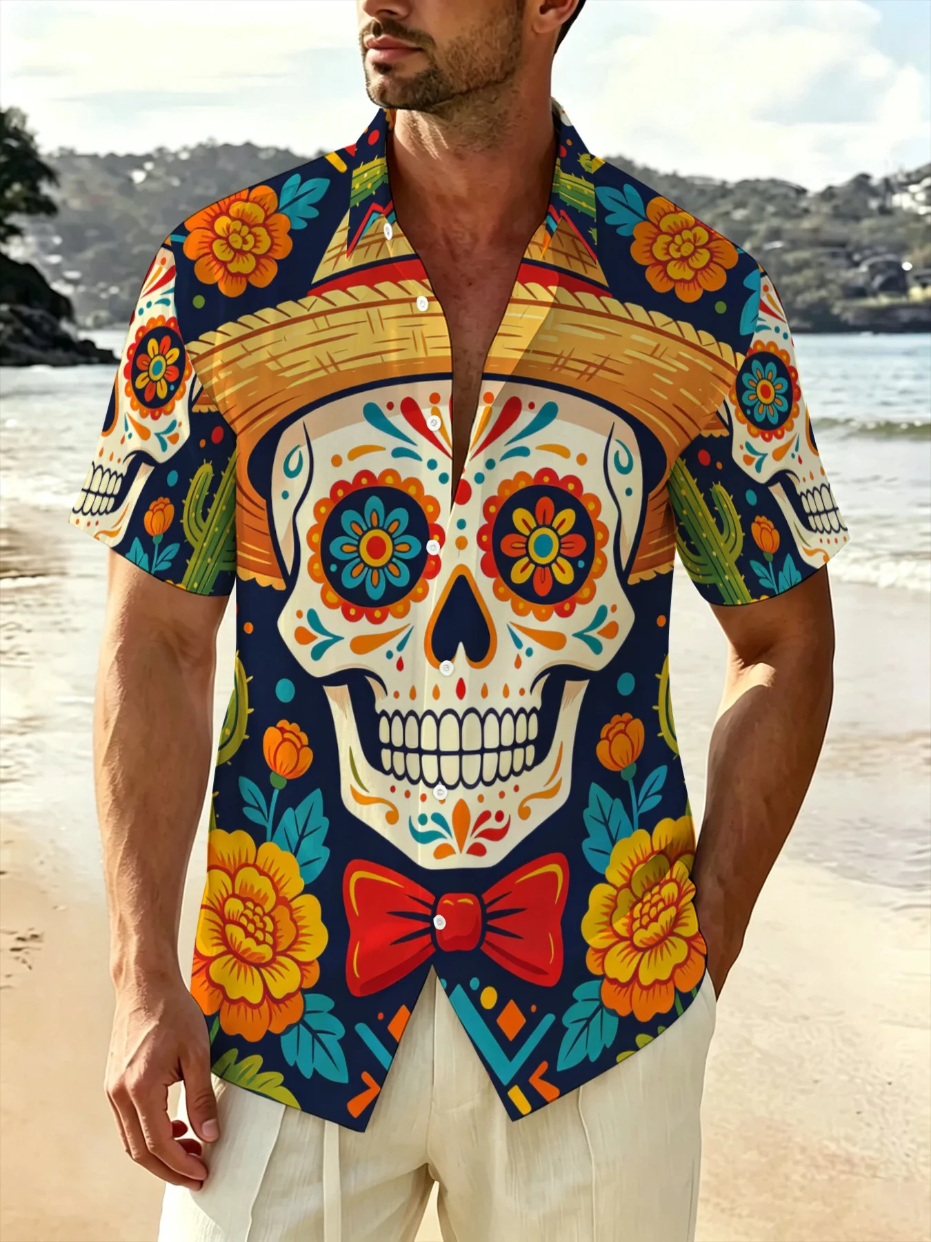 Men Short Sleeve Shirt Mexican Sugar Skull Floral Cactus Print Turn‑Down Collar Button‑Up Beach Summer Top