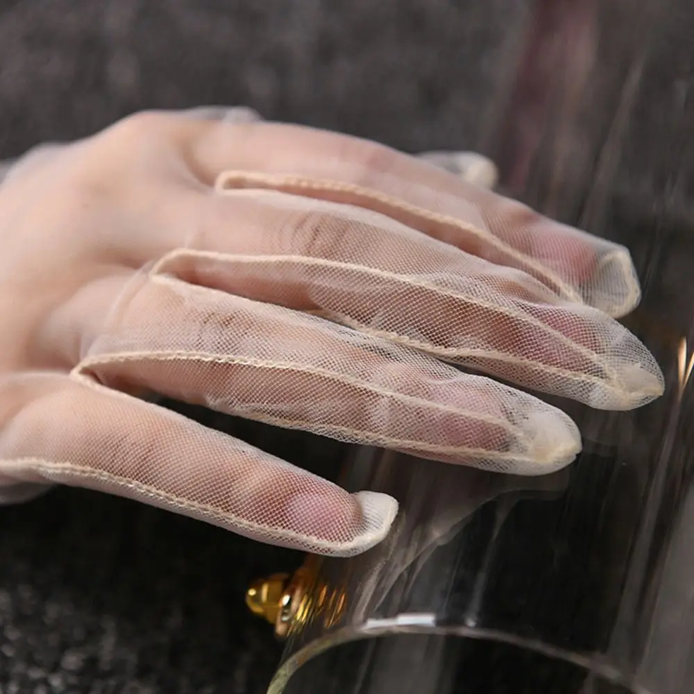 

Прозрачные женские тюлевые перчатки на запястье, ультратонкие марлевые кружевные перчатки с длинными пальцами, короткие свадебные сетчатые перчатки, женские