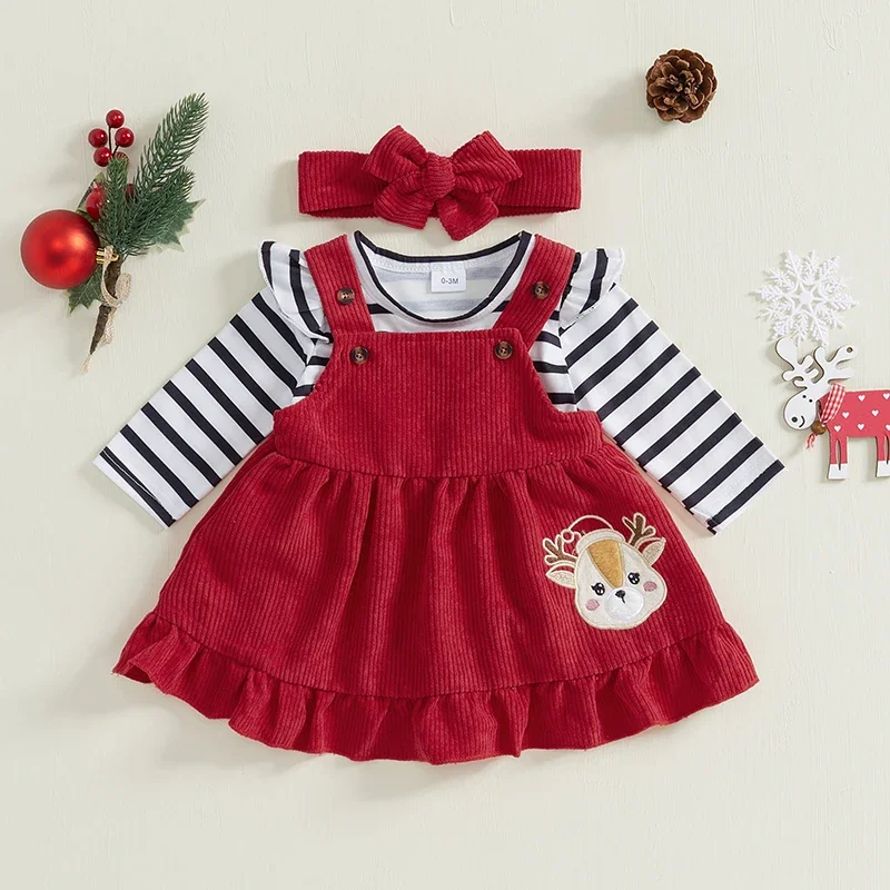 SUNSIOM 0-18 Months Baby Girls Christmas/Thanksgiving Set Striped Long Sleeve Romper Corduroy Overall Skirt Bow Headbabd Outfits