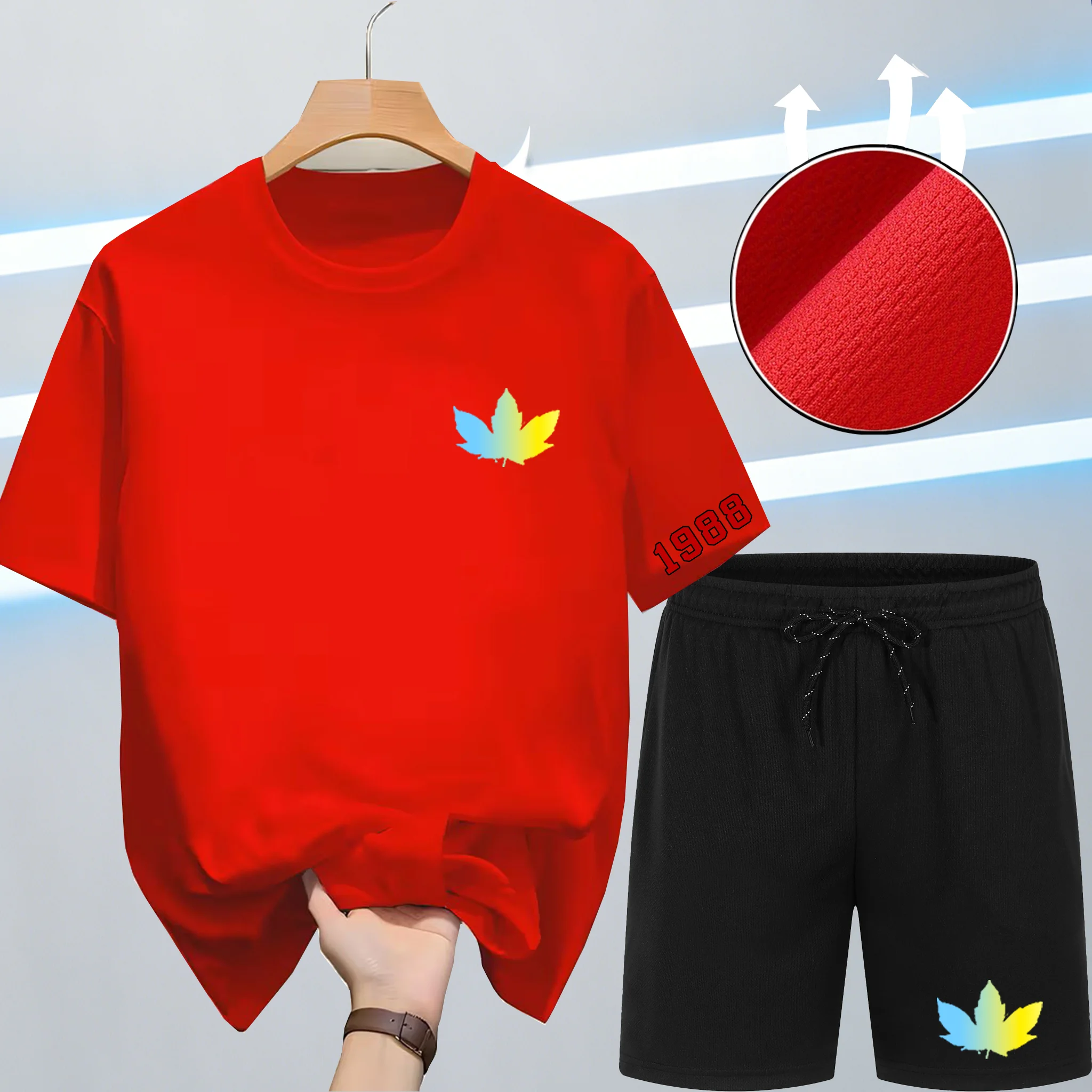 Summer Quick-Dry New Men's 2-Piece Fashion tracksuits Casual Breathable Short Sleeve maple leaf Print Sports T-shirt+Shorts Sets view 4
