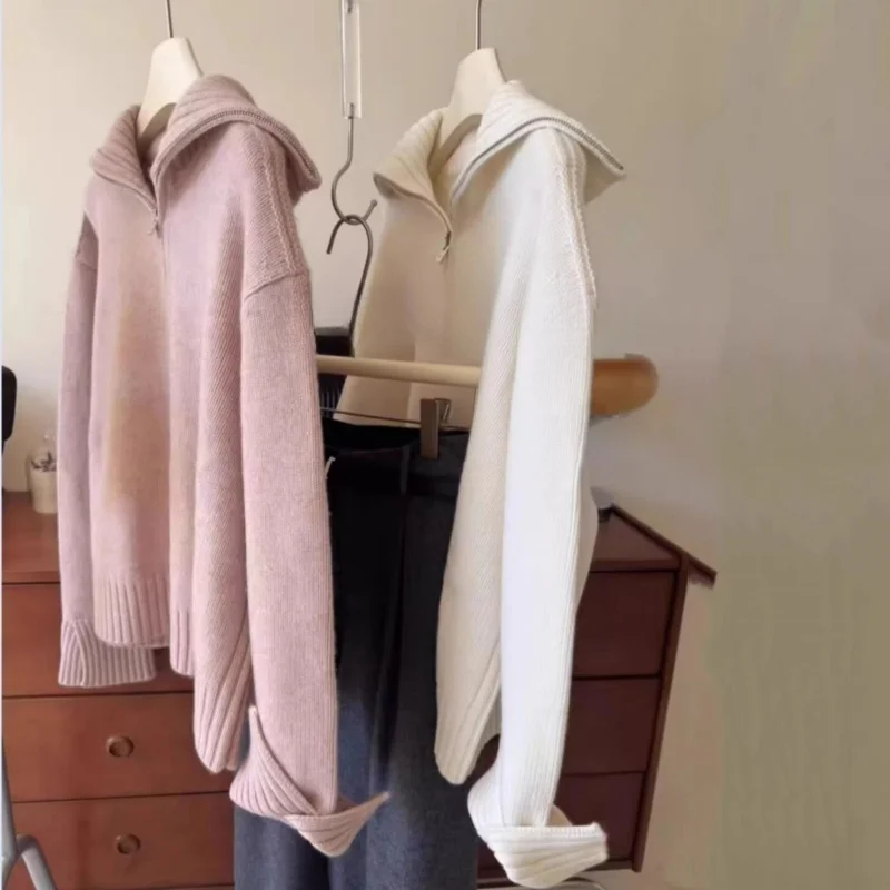 

Women's 100% Australian wool sweater long sleeved knitted loose women's lapel pullover new sweater autumn and winter solid color