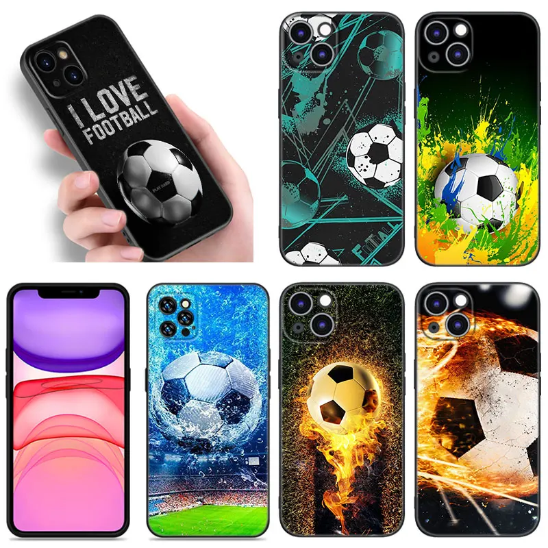 Fire Football Soccer Ball Black Silicone Phone Case For Apple iPhone 12 13 Mini 11 14 15 16 Pro Max 7 8 Plus Shell Cover