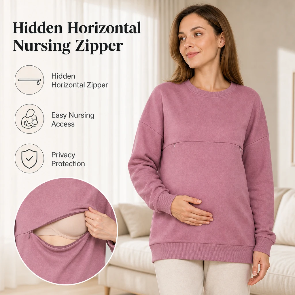 Women Maternity Nursing Sweatshirt Hidden Zipper Long Sleeve Cotton French Terry Casual Pregnancy Breastfeeding Top