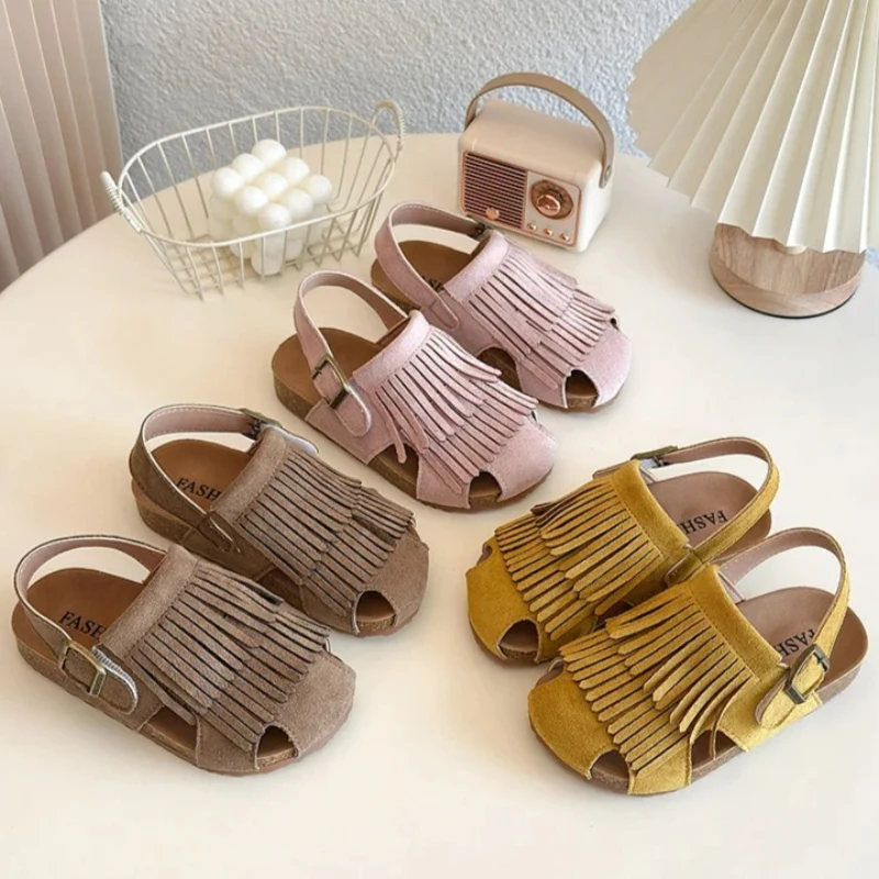 

Детские сандалии с бахромой, летние новые пляжные туфли для мальчиков и девочек с мягкой подошвой, сандалии с закрытым носком для малышей, размеры 23-36