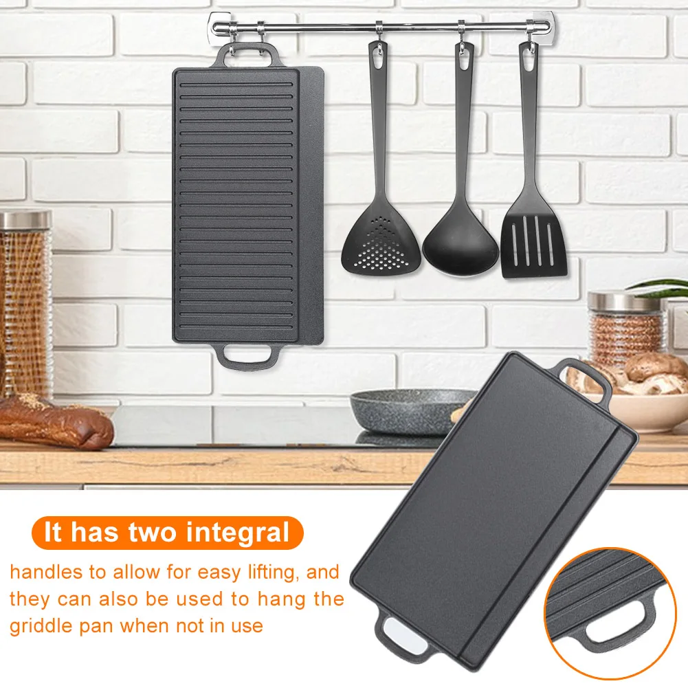 Non-Stick Cast Iron Grill Griddle Pan Ridged and Flat Double Sided Baking Cooking Tray Bakeware