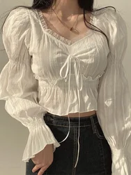 Chiffon Blouse Women Puff Sleeve Lace Up Ruffles Shirts Female Summer Elegant Korean Fashion Preppy Style Sweet Tops Lady 2023