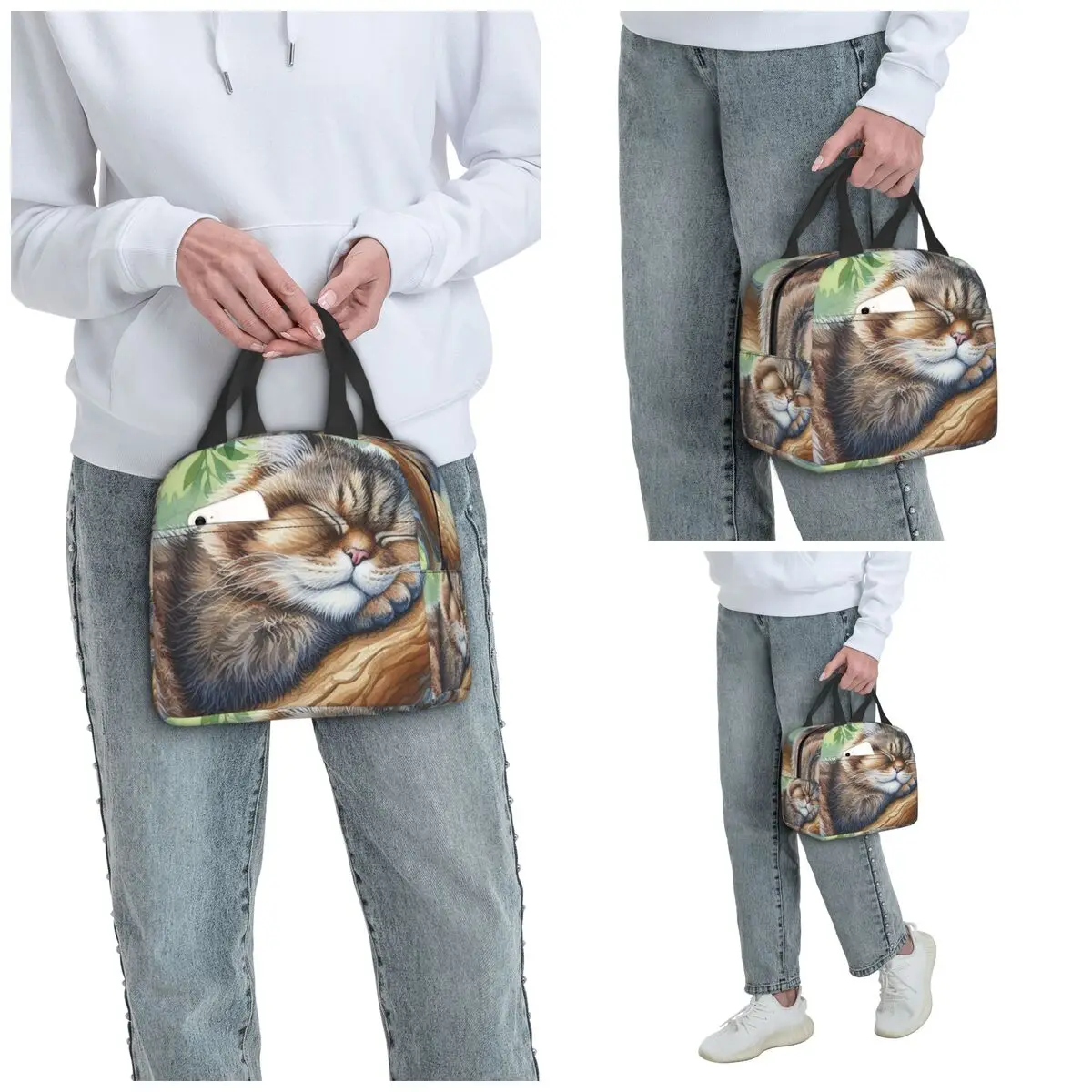 Cat Sleeps On A Tree Branch Insulated Lunch Bag for Women Office Cooler Thermal Food Box Tote Portable Lunch Boxes Container
