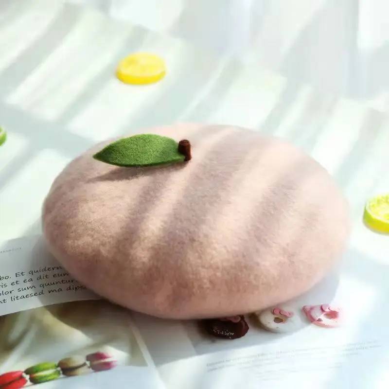 Qisin Green apple beret autumn and winter 2023new Korean fruit pumpkin hat cute soft sister little leaf painter hat woolen beret