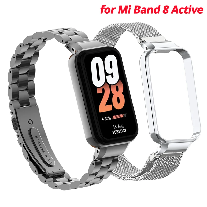 Strap for Xiaomi Mi Band 8 Active Bracelet Metal Stainless Steel Band +Case Protector Cover Mi Band 8 Active Smart Wristband