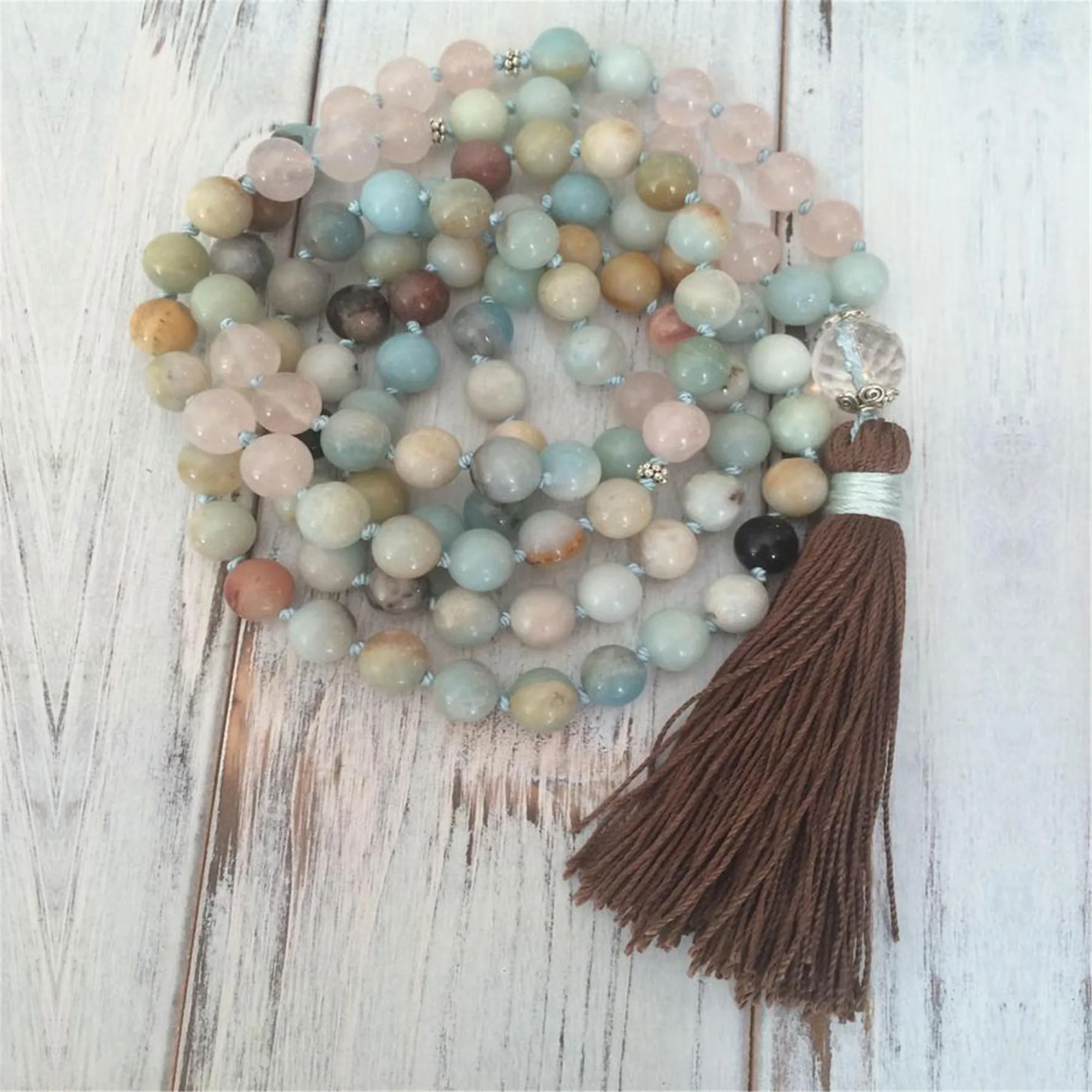 

8mm Natural Amazonium 108 Beads Tassel Knot Necklace Men's BridalMeditation Chakra Spiritual Enthusiasts Mala Yoga