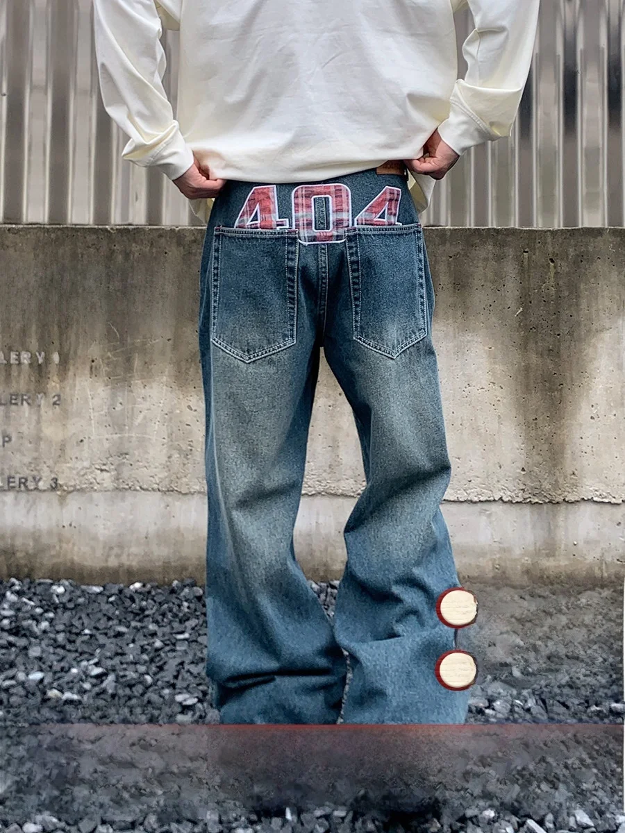 

American mat Embroidered Patchwork Denim Jeans Men's Vintage Waed Small Design Long Trousers High Waist Youth Sle