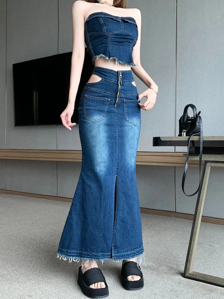 Spicy Girl Washed Denim Fishtail Half Skirt Women Summer High Waist Slim Split Slim Hip Long Skirt Fashion