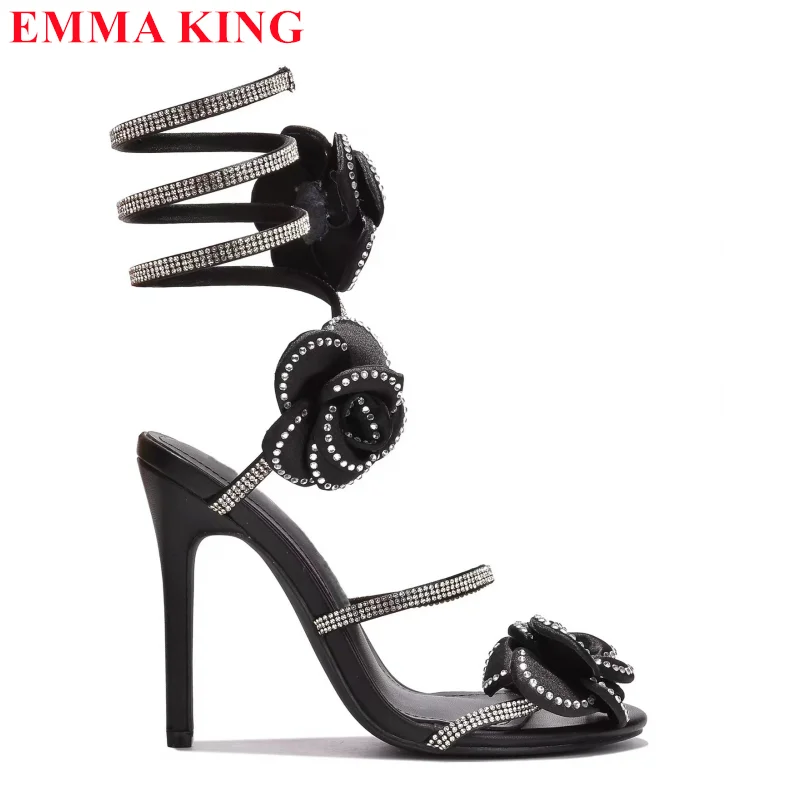 

Summer Flowers Ankle Strap Sandals Women Luxury Designer Crystal Party Shoes High Heels Wedding Gladiator Sandals Mujer 2024