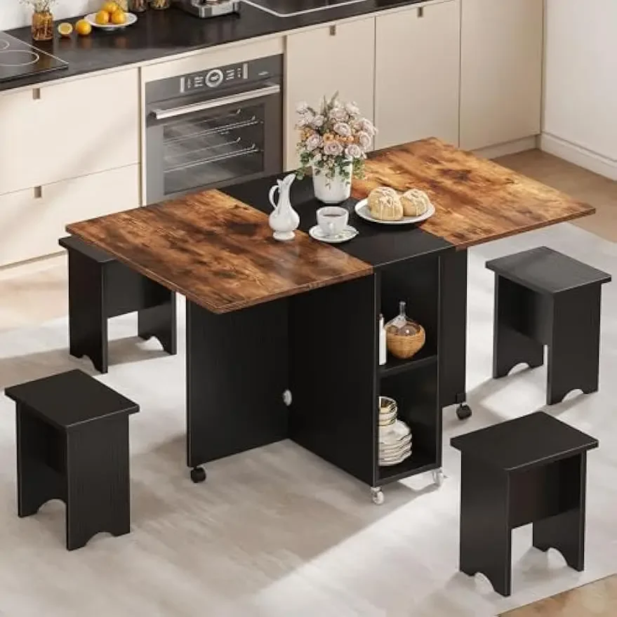 Juego de mesa de comedor extensible plegable de 5 piezas con 4 sillas para 4 personas, juego de mesa de comedor de cocina de madera con hojas abatibles de 55 pulgadas