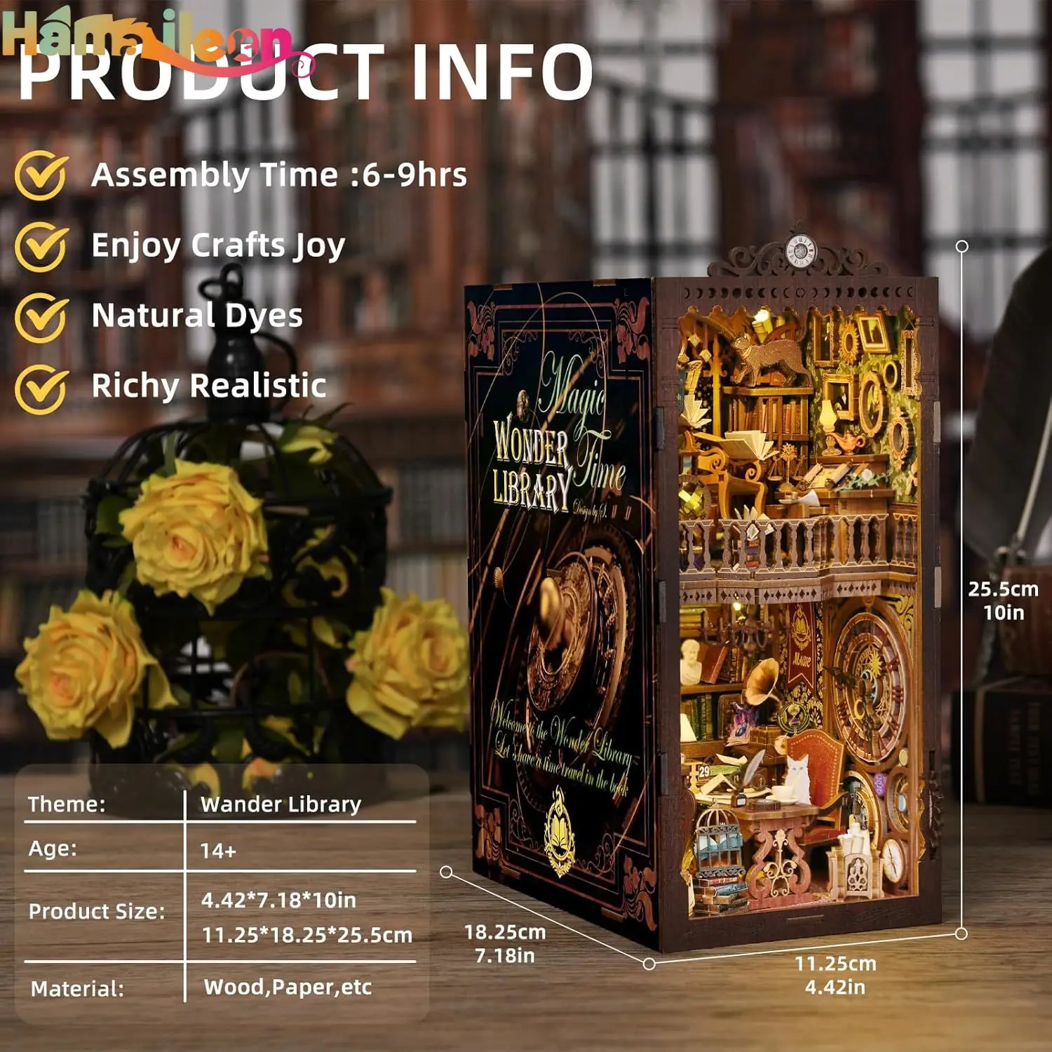 Hamaileon Book Nook Kit, DIY Miniature House Room ชุดปริศนาชั้นวางหนังสือของขวัญตกแต่งสําหรับคนรักหัตถกรรม (Wonder Library)