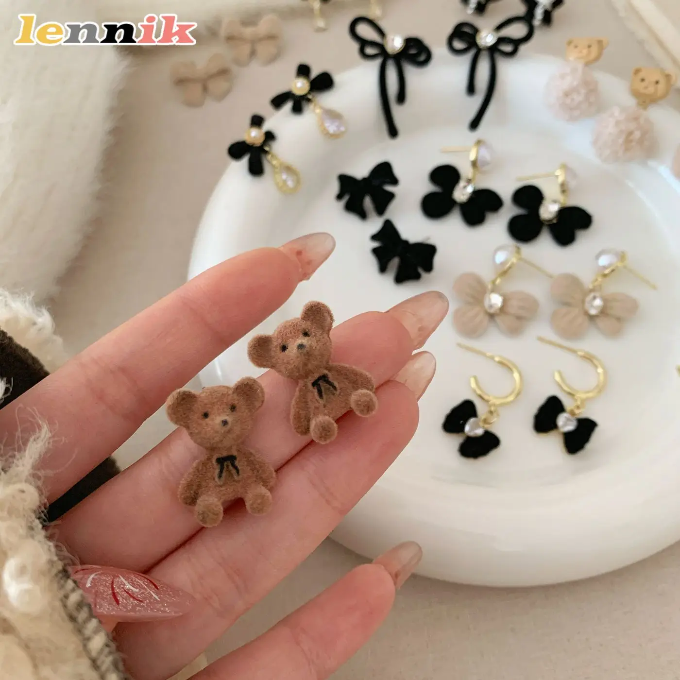 Flocked Large Hoop Earrings , Black Brown Winter Collection , French Vintage Silver Ear Wires , Elegant Bow Design, New Arrival
