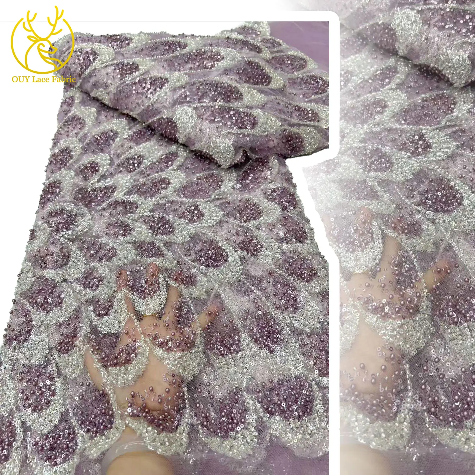 

Luxury African Beaded Embroidery Lace Fabric 2025 High Grade French Nigerian Sequins Tulle Lace Fabric for Party Evening Gowns