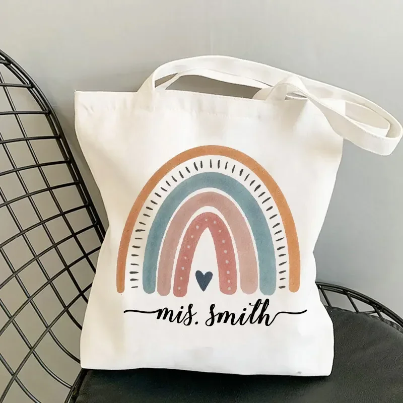 Nome personalizzato borsa regalo per la festa dell\'insegnante borsa a tracolla estetica riutilizzabile in tela ecologica personalizzata