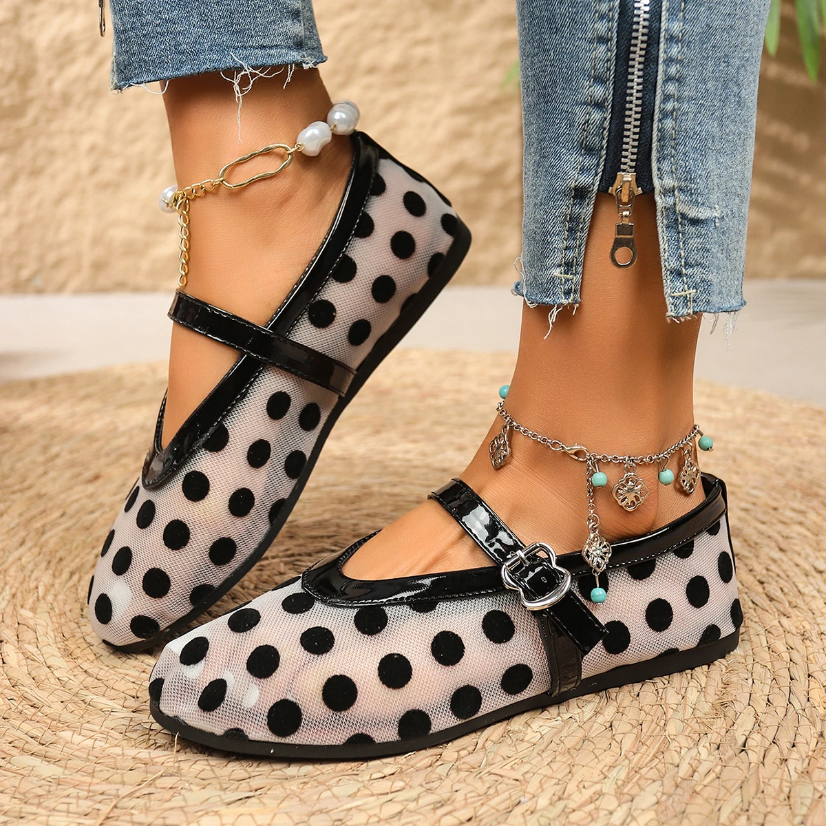 2026 Damen Ballerinas mit Netzstoff und Polka Dots, Vintage Mary Jane Schuhe mit runder Zehenpartie, Übergrößen Damenschuhe Größe 36-43 – Detail 19