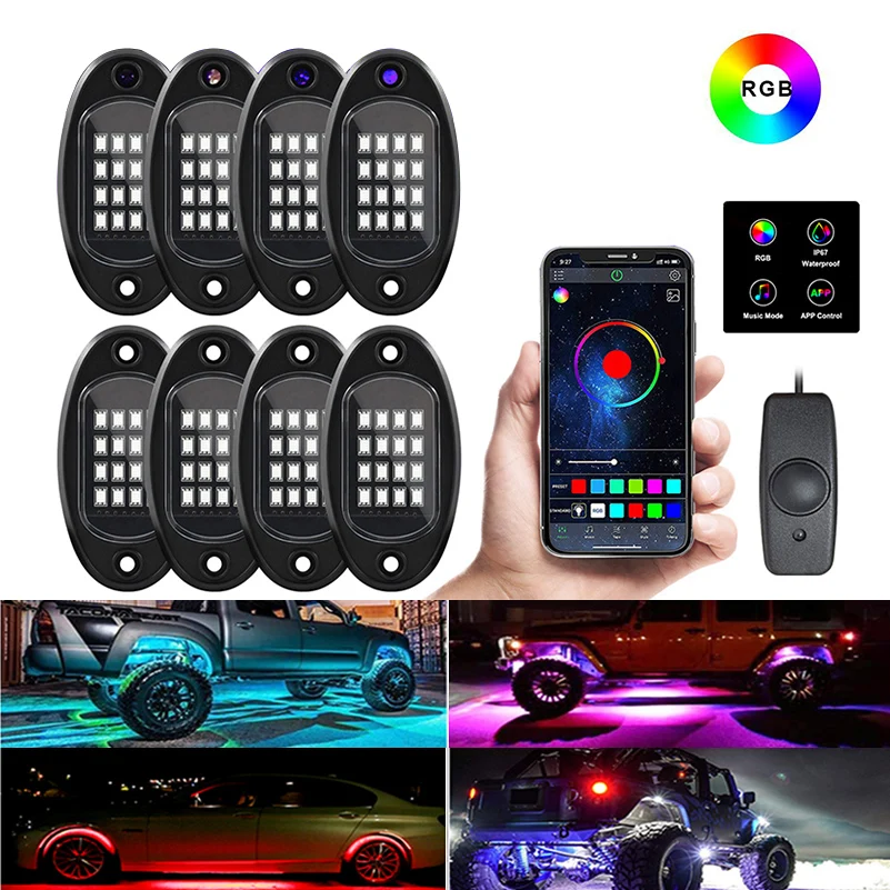 4/6/8Pcs LED RGB Off-road Rock Car Lights bluetooth Music Control For Jeep Truck SUV Waterproof Neon Lights