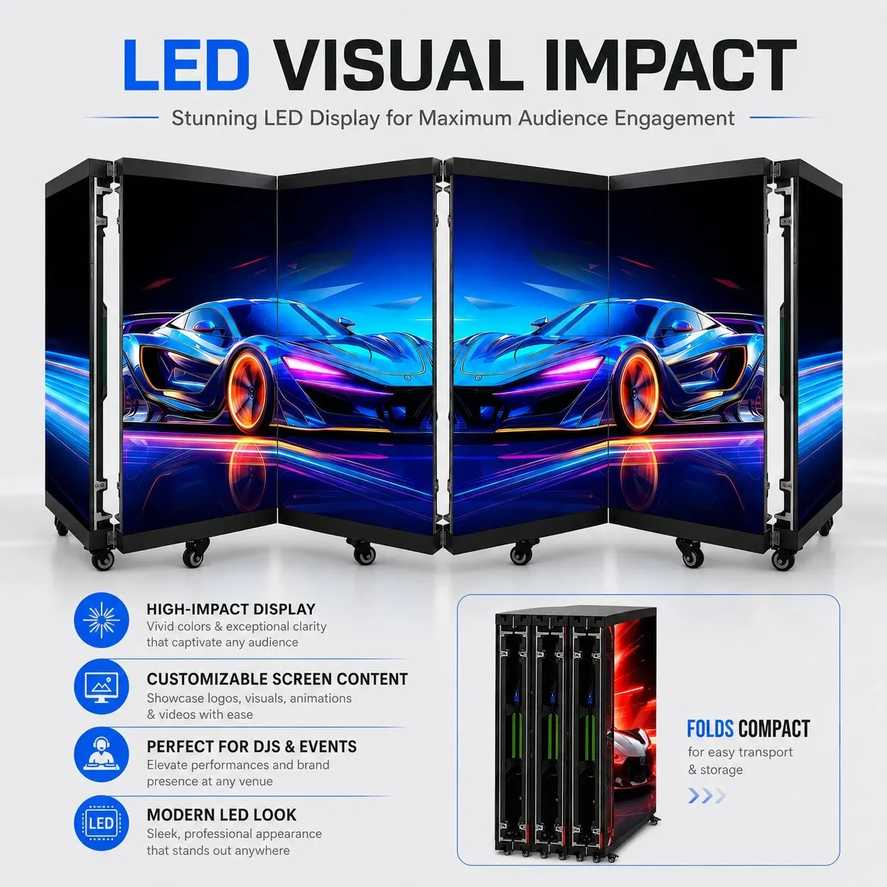 Écran LED vidéo portable pour DJ, pupitre mobile pliable à six volets, façade P2.5 P1.86, stand de DJ mobile à roulettes