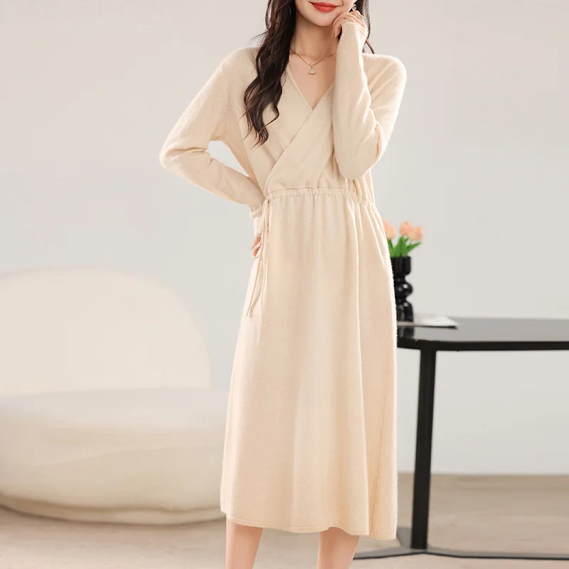 Women\'s Clothing Sales 2024 100% Wool Knitting Women Dress Long Sleeve Dress On Offer Clearance Free Shipping Women\'s Sweater