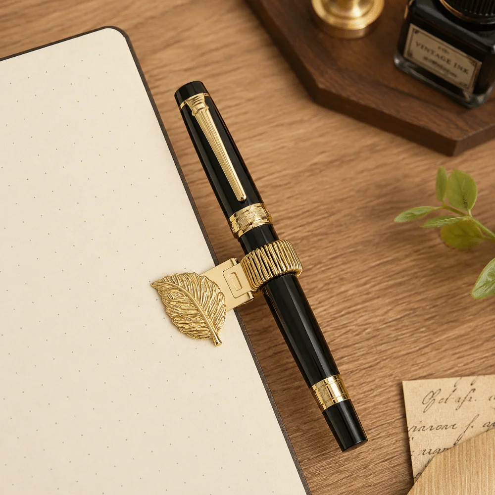 Retro Metal Pen Clip Leaf Shape Vintage Pen Holder Clip Detachable Decorative Pen Keeper School Office