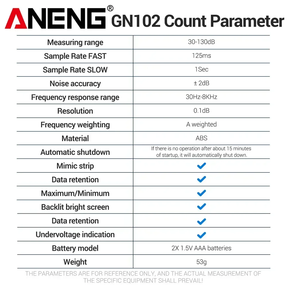ANENG GN102 Digital Decibel Meter 30-130dB Sound Level Noise Tester Backlight Max Min Value Data Hold Portable Noise Detector