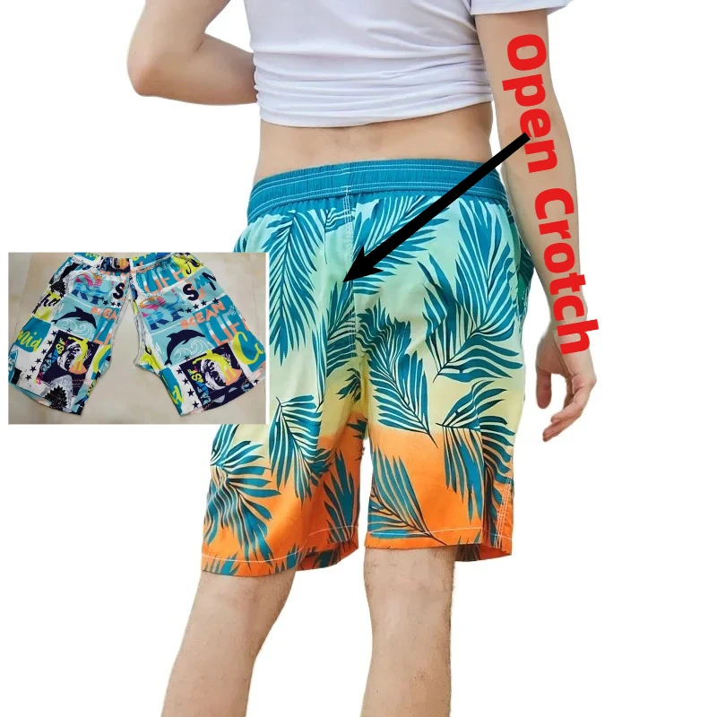 

Couple Outfit Women ManOpen Crotch Zippe Crotchless Panties Outdoor Trunksr Pants Mini Green Leaf Pattern Board Shorts Beach