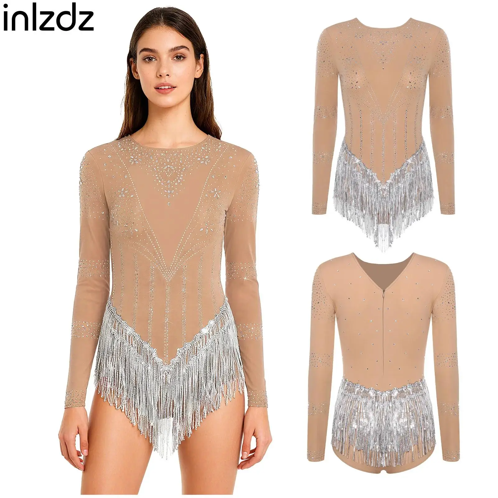 

Women's Shiny Sequin Tassel Gymnastics Figure Skating Costume Long Sleeve Rhinestones Leotards for Latin Chacha Dance Party Show