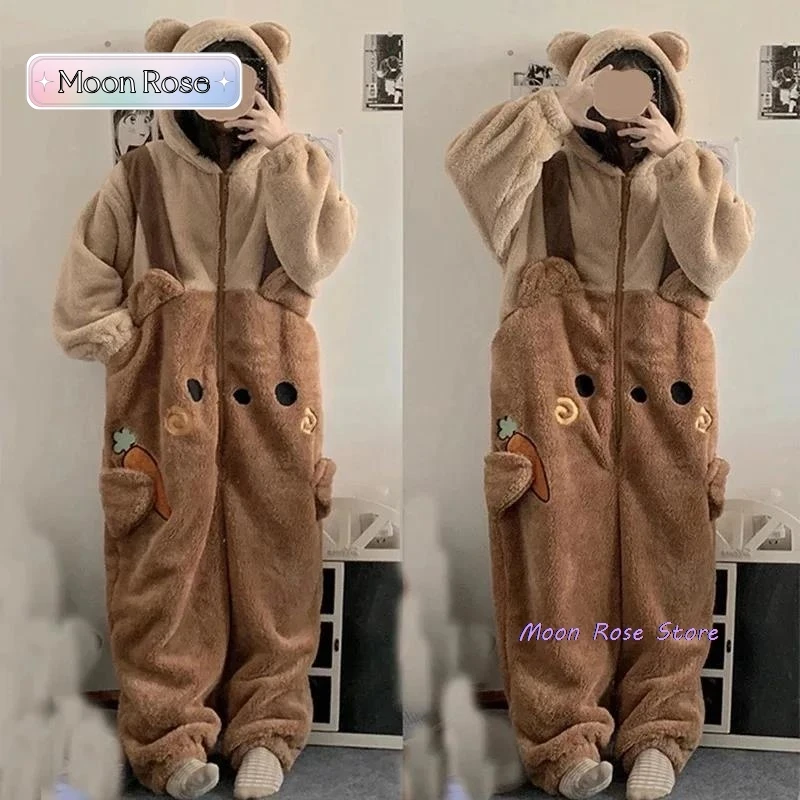 Cartoon Fleece Pyjama Flannel Anime Onesie Adults Animal Pajamas Set Women Men Warm Winter Bear Sleepwear Cosplay Halloween