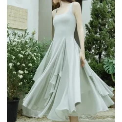 Women's Elegant Fairy Style Sleeveless Round Neck Sheath Dresses 2024 Summer Luxury Slim Fit Solid Color Ruffles Camisole Dress