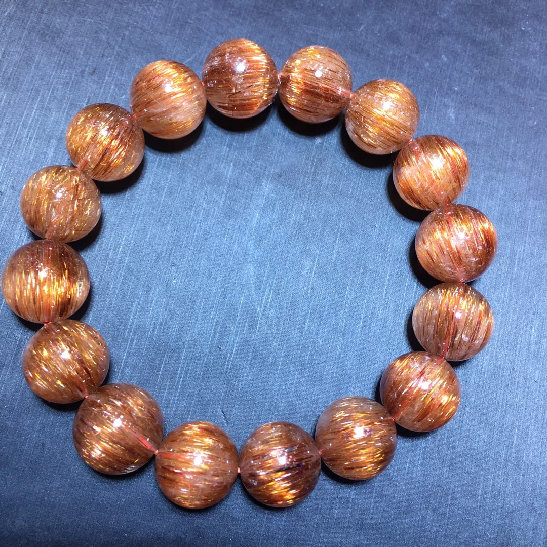 Natural Copper Rutilated Quartz Cat Eye Bracelet 13.4mm Rutilated Cat Eye Clear Round Beads Women Man Bracelet AAAAAA