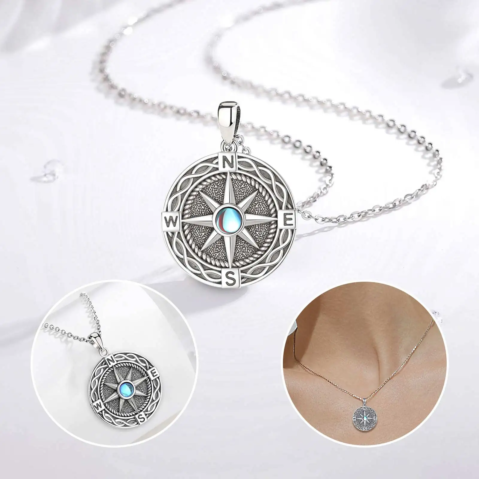 Imagem -03 - Colar Bússola de Prata Esterlina para Homens e Mulheres Inlay Moonstone Pingente Vintage Personalidade Jóias Presente Requintado Novo Eudora-925