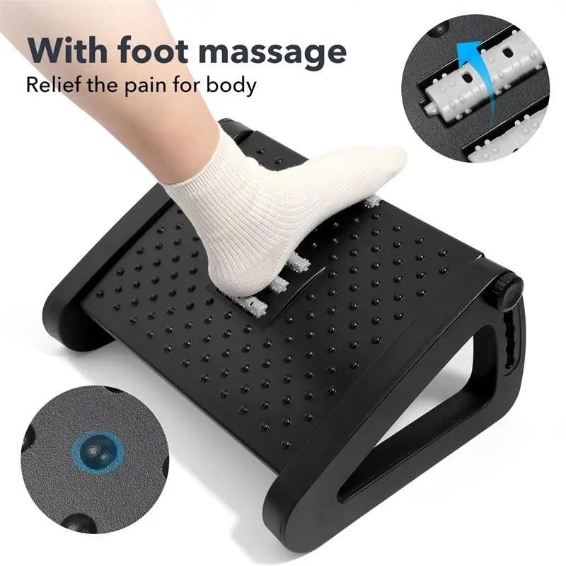 Ergonomic Foot Rest Office Stool Under Desk Adjustable Height Tilt Angle With Massage Rollers Leg Pain Relief For Home Office