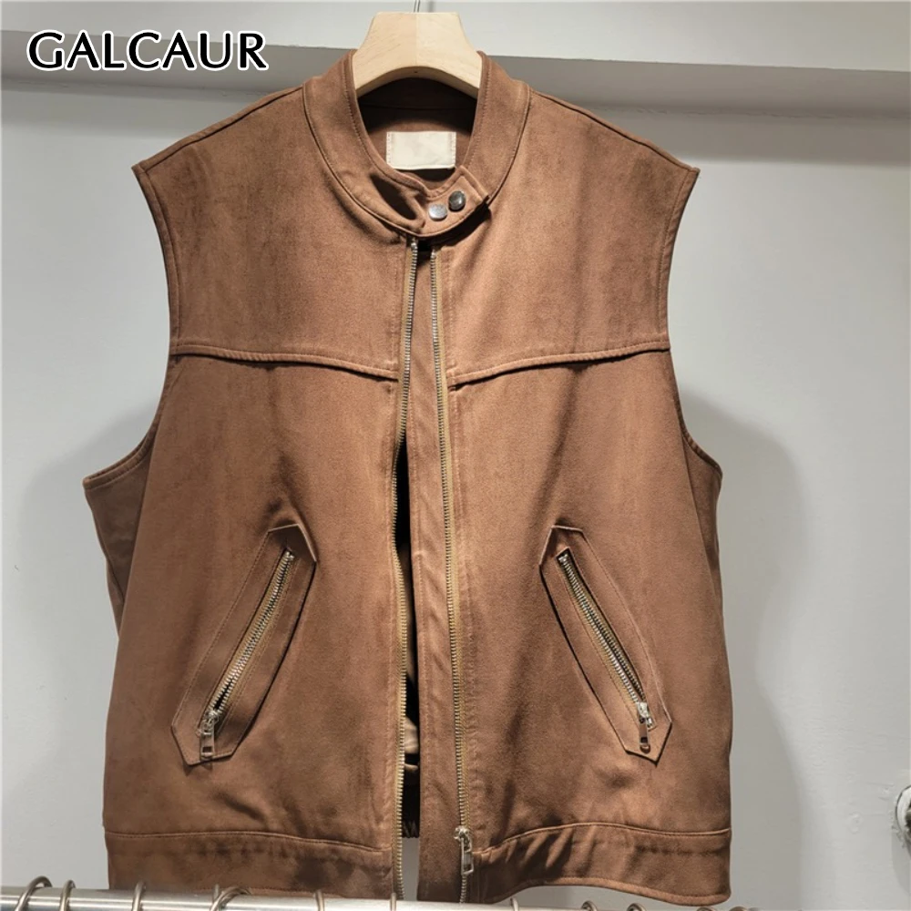 

GALCAUR однотонная базовая шикарная куртка на молнии, женская свободная повседневная куртка без рукавов с круглым вырезом, модная осенняя стильная новинка