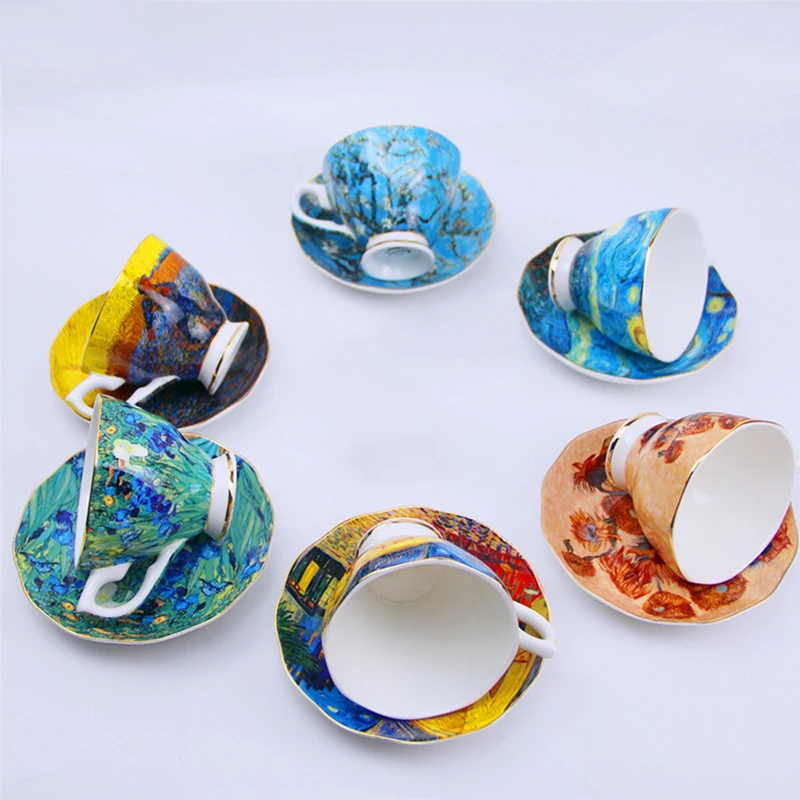 Fine Bone China Teacup and Saucer Set, with Famous Painting Starry Night Sunflower Painted, China Tea Cups with Spoon, 200ml