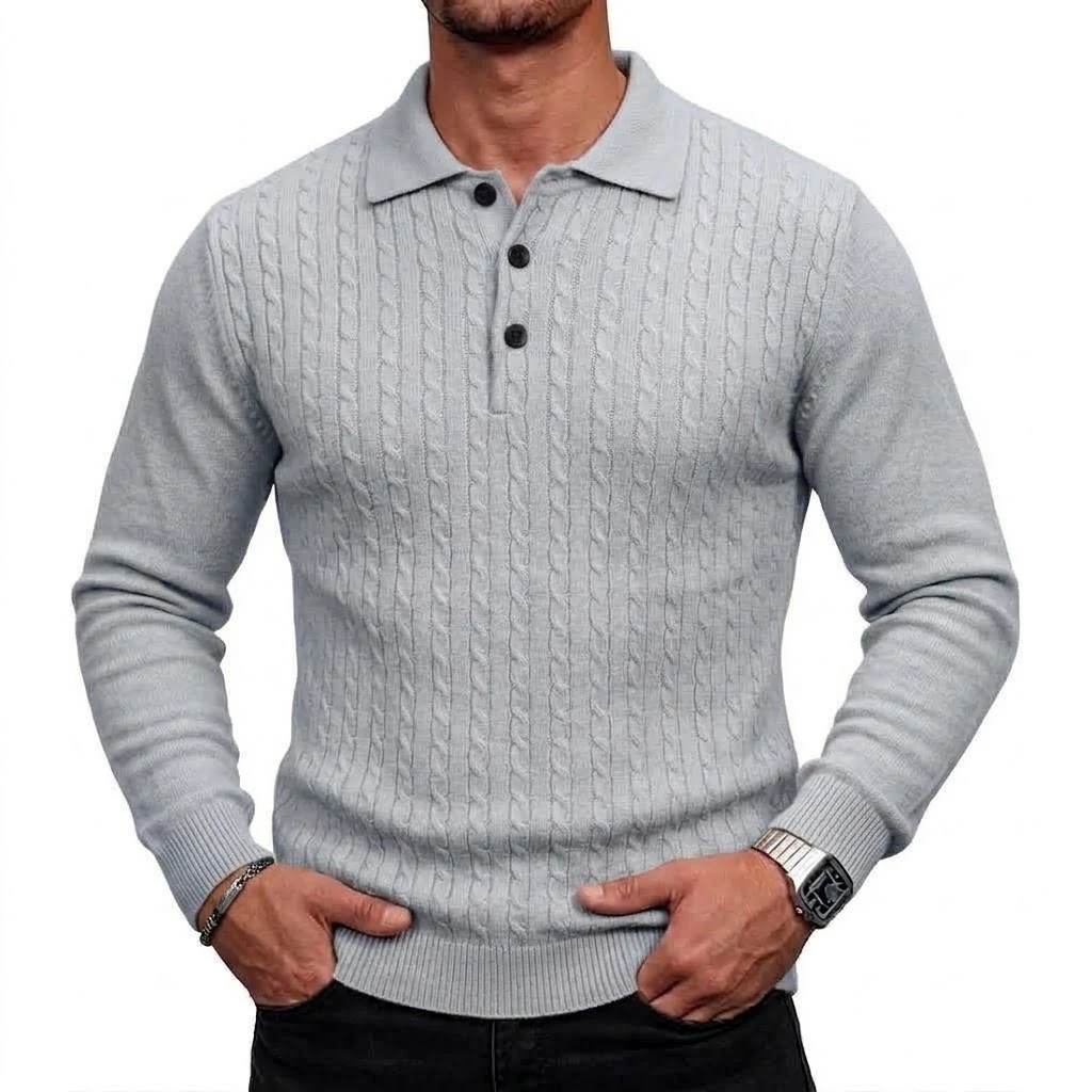 Men's Cable Knit Polo Shirts Casual Pullover Sweater Button Lapel Collar Long Sleeve Slim Fit Knitted Jumpers for Men Streetwear