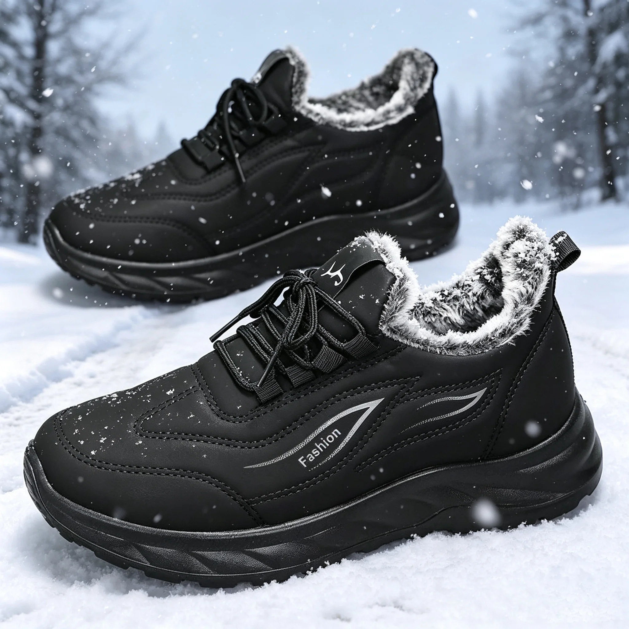 Winter Men's Thickened Plush Snow Boots for Warmth and Protection Against the Cold, with Low-Cut Design and Fleece Lining, Non-Slip and Wear-Resistant Soles, Suitable for Outdoor Park Walks, Hiking, and Daily City Commuting