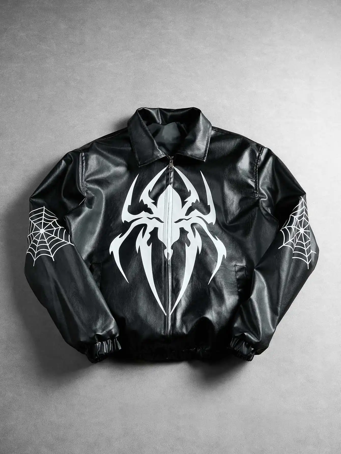 Men Lapel Casual Jacket, Big Spider Print on Chest, Spiderweb Pattern on Sleeves, Full Zipper Front, Elastic Cuffs, Side Pockets, Loose Fit, American Street Style Long Sleeve Outerwear