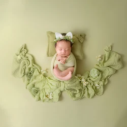 Accesorios de fotografía recién nacido, tocado envolvente verde, almohada de flores para estudio de 0 a 1 mes, tema de fotografía artística de primavera verde para bebé
