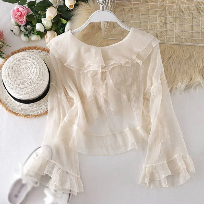 Women\'s Chiffon Cardigan Cropped Lace-up Sunscreen Tops Flared Long Sleeve Ruffled Blouse Lightweight Sun Protection Tops