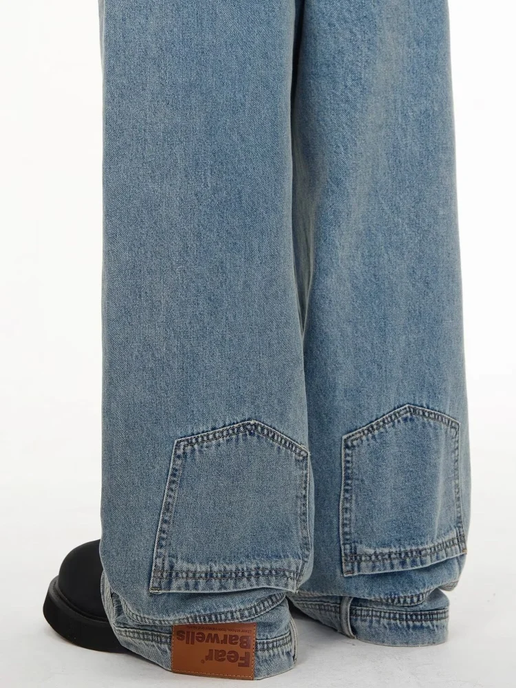 2024 New Women Vintage Washed Jeans Street Casual Neutral Style Blue Denim Trousers Female Minimalist High Waist Straight Pants