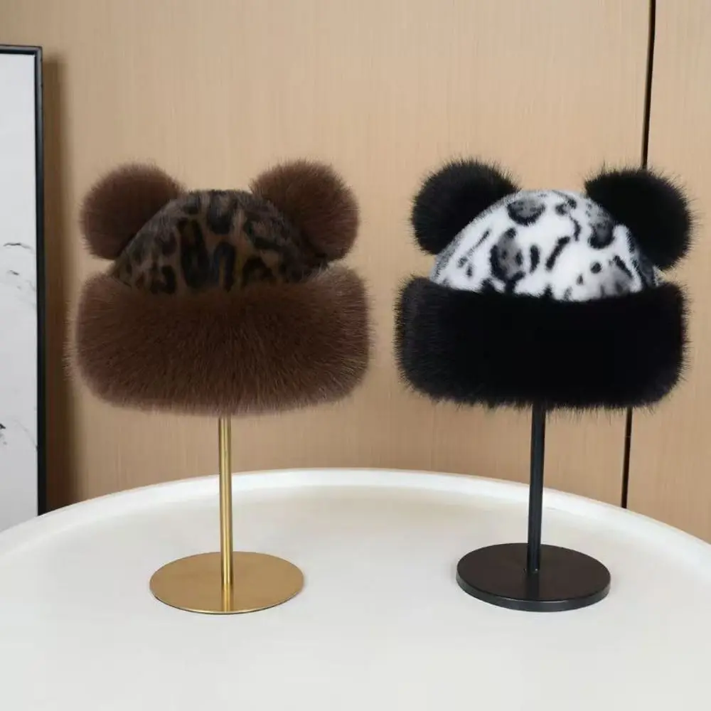 Warme Mütze mit Bärenohren, Plüschhut im koreanischen Stil, randloser Leopardenmuster-Bucket-Hat, Imitation Nerzfell, winddichter Nerzfell-Fischerhut