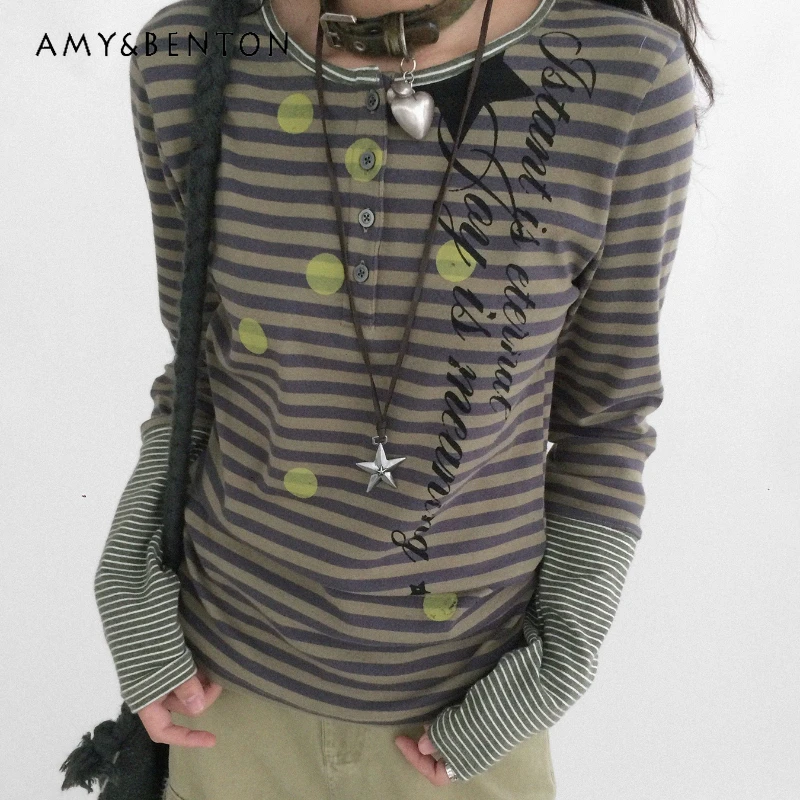 

Новинка осени 202, полосатая женская нижняя рубашка с круглым вырезом и длинными рукавами, винтажный дизайн, универсальная женская футболка