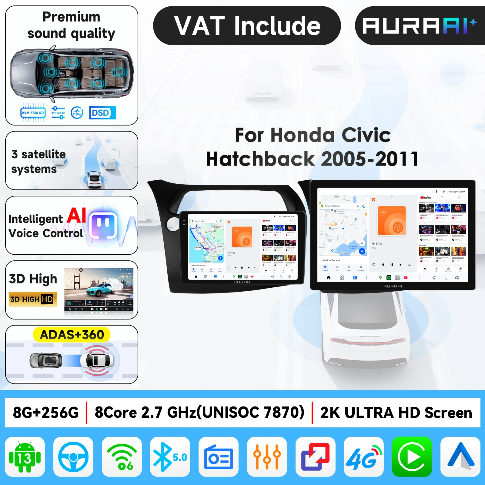 Radio para Auto AURA AI 7870 con Pantalla 2K, 4G, Carplay, Android, GPS para Honda Civic Hatchback 2005-2011, Cámara ADAS, Autoradio, WIFI, Estéreo, Video