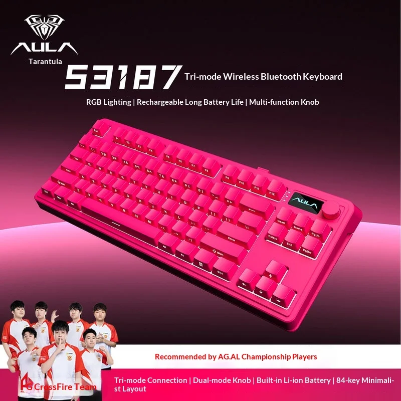 New S3187  Aula Wireless Tri Mode Keyboard F87 Key Mechanical Feel 24g Bluetooth Wired For Desktop Laptop Gaming Office Pink