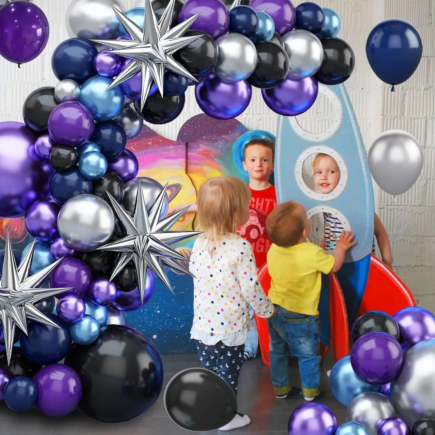 108 قطعة من بالونات الفضاء المعدنية باللون الأزرق والأرجواني والفضي، بالونات رائد فضاء جالاكسي للأطفال الأولاد، ديكور حفلات أعياد الميلاد #6