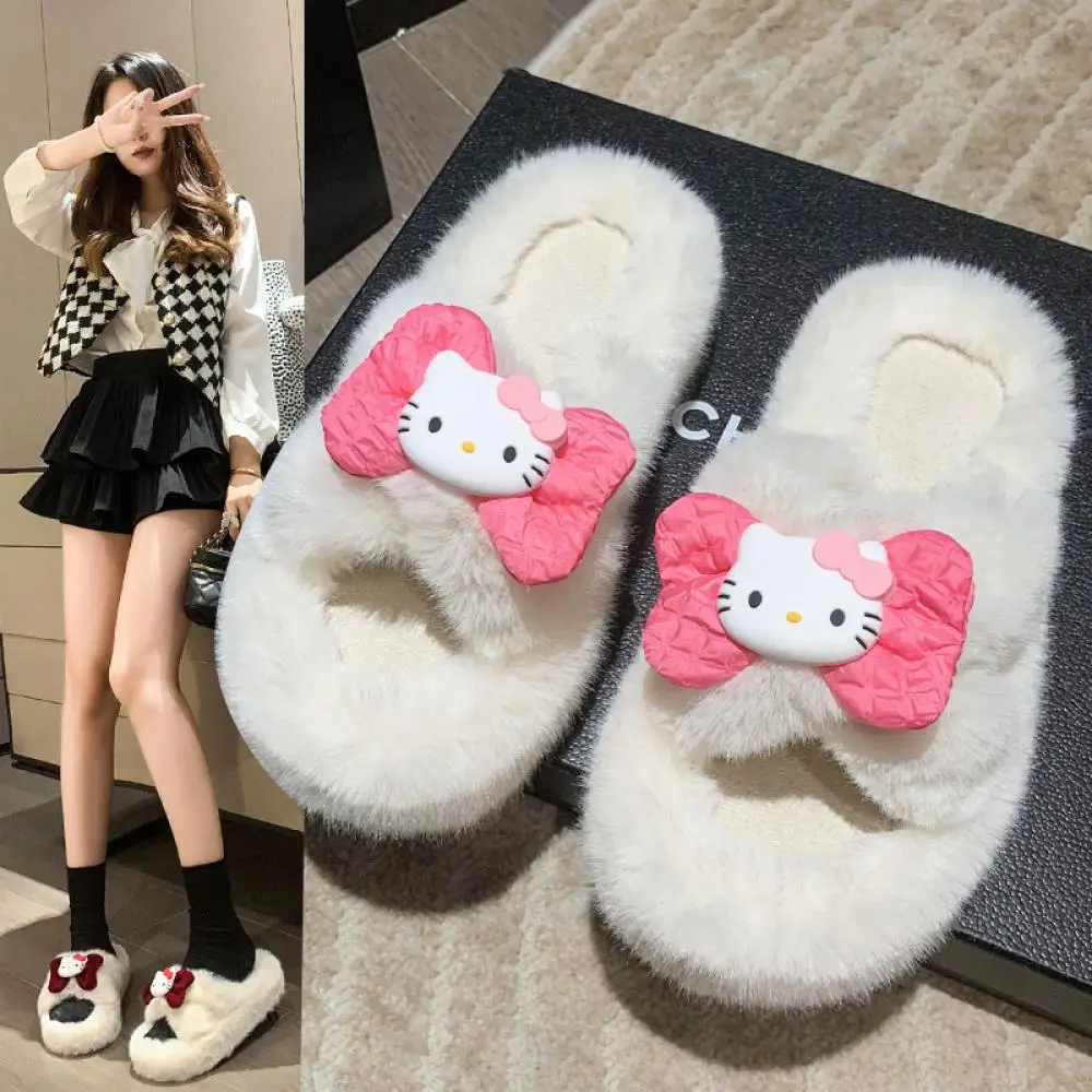

Anime Hello Kitty Plush Slippers Cartoon Women Home Slippers Kawaii Indoor Anti-Slip Household Thick-Soled Girls Slippers