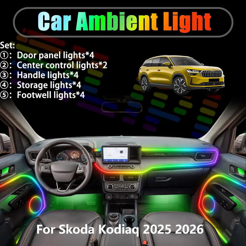 

Для Skoda Kodiaq 2025 2026 SUV MK2: Комплект светодиодной RGB-подсветки салона и багажника (2/18 в 1) с USB-подключением, эффект «бегущей строки»
